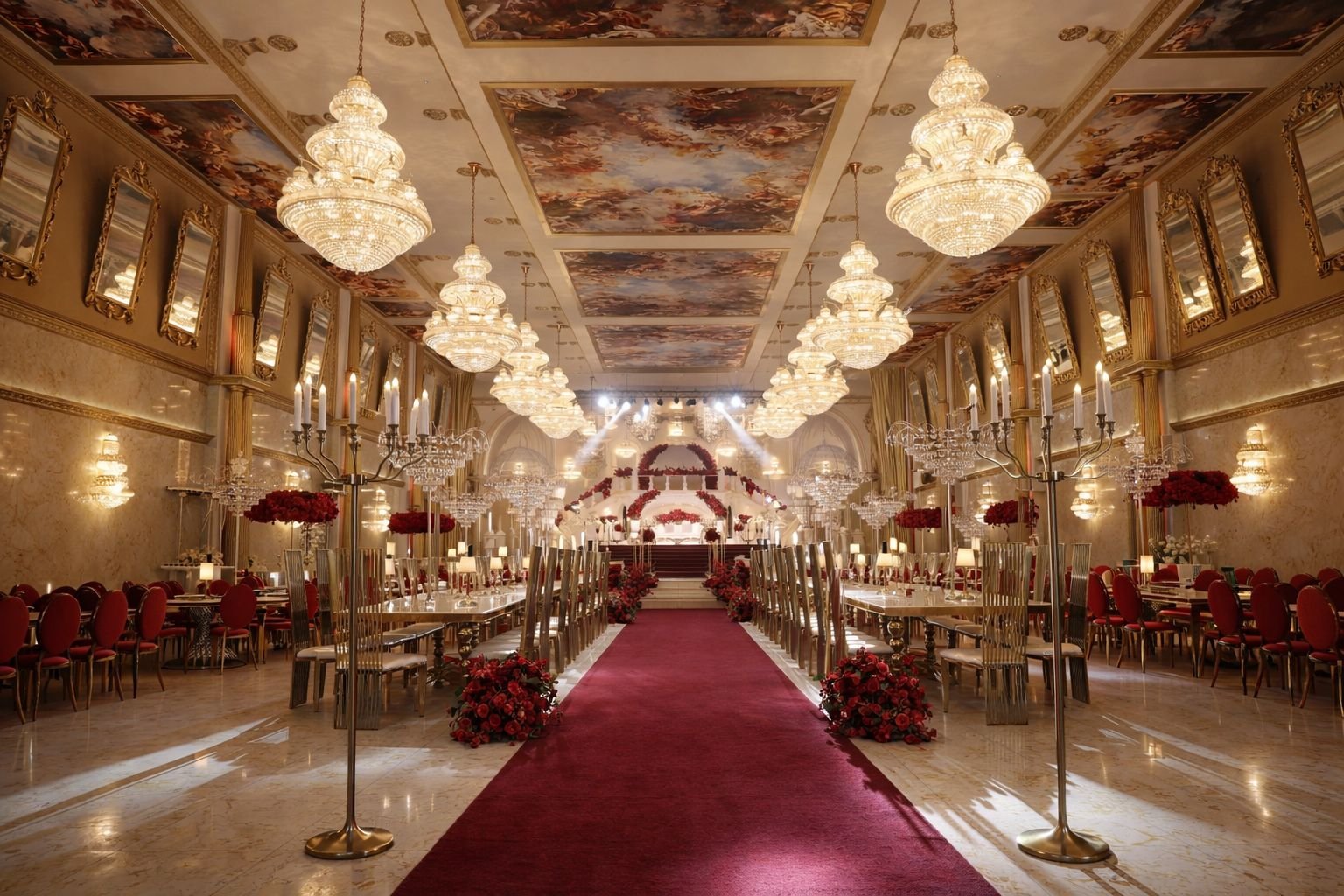 The Versailles Palace — chandeliers and a red carpet aisle
