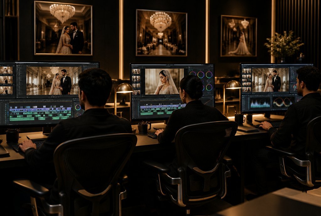 Three editors at multi-screen workstations cutting a wedding film
