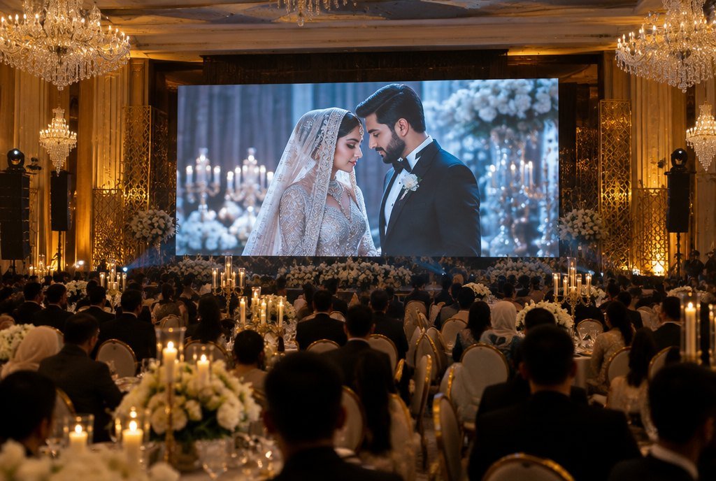 Giant LED screen premiering a wedding trailer in a luxury banquet hall