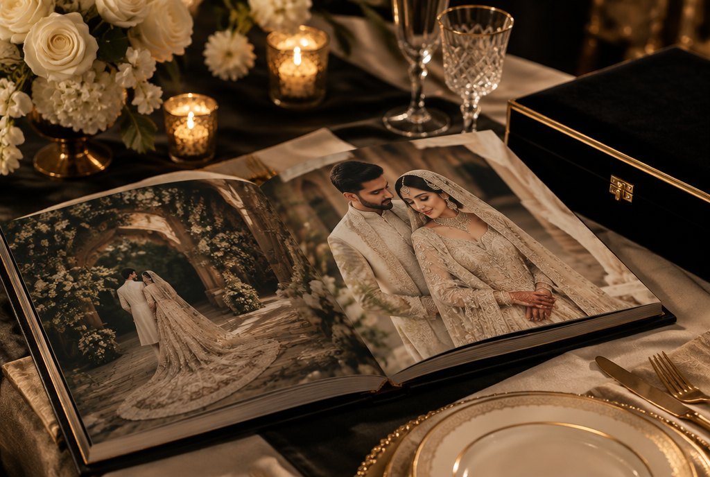 Open storybook wedding album on a luxury table setting